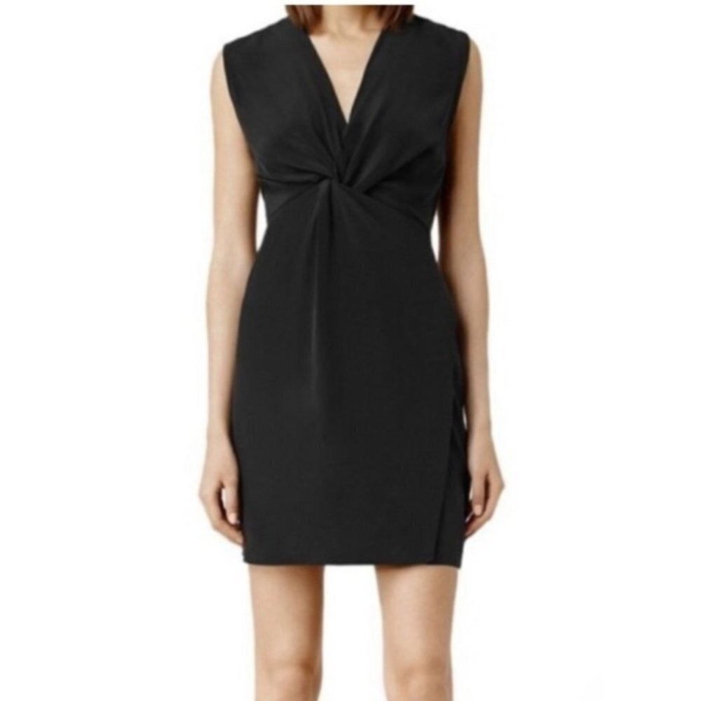 All Saints Black Silk Mini Cocktail Dress Size 0 Wrap Front Party Slim Bodycon